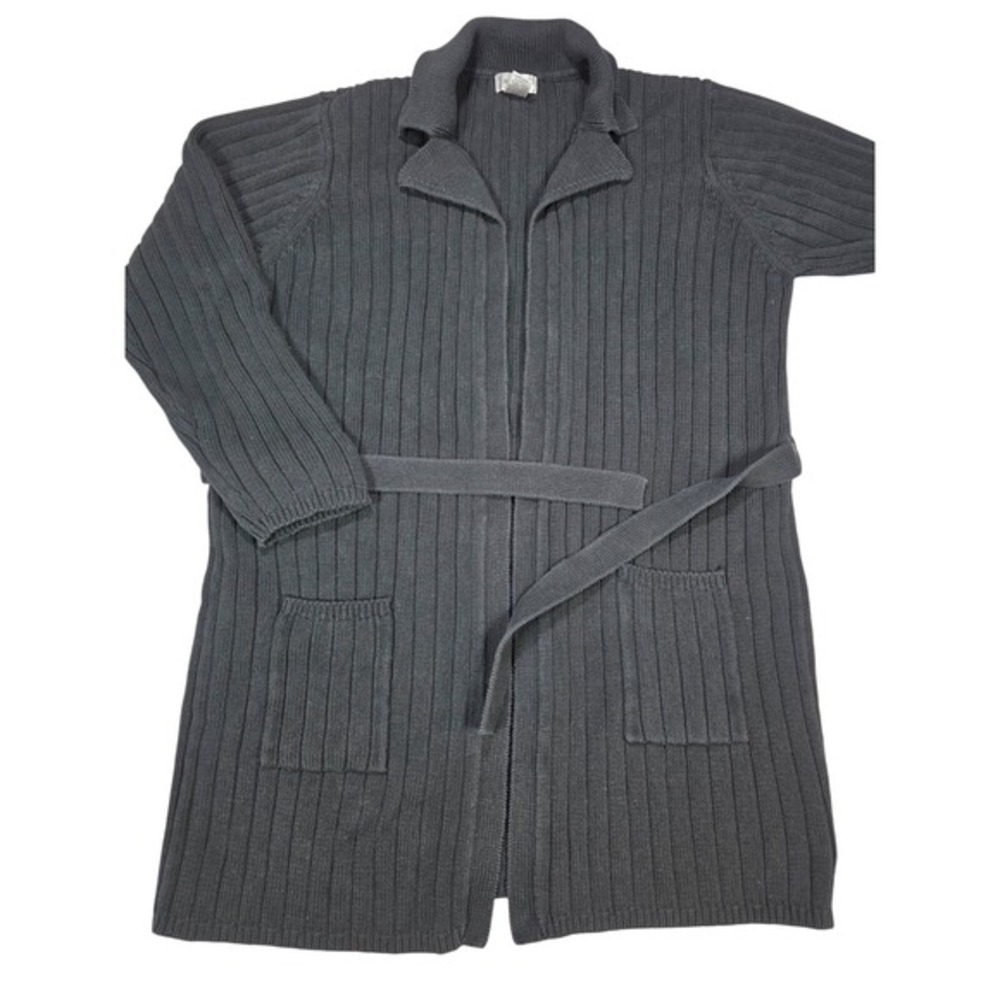 Womens XL Belted Cardigan Black Cotton Chunky Warm Kikit Vintage‎ Cozy Pockets
